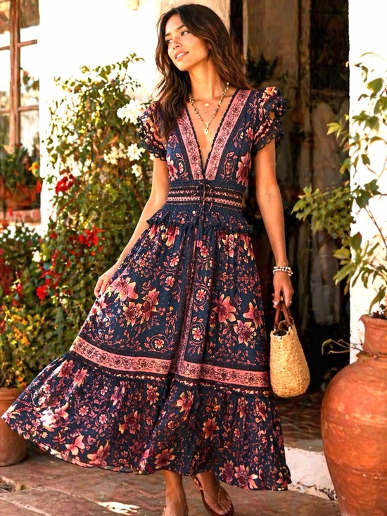 FARM Rio Dresses & Skirts - NWT FARM Rio Floral Scarf Print Midi Dress Smocked Tassel Tie Cottagecore XS